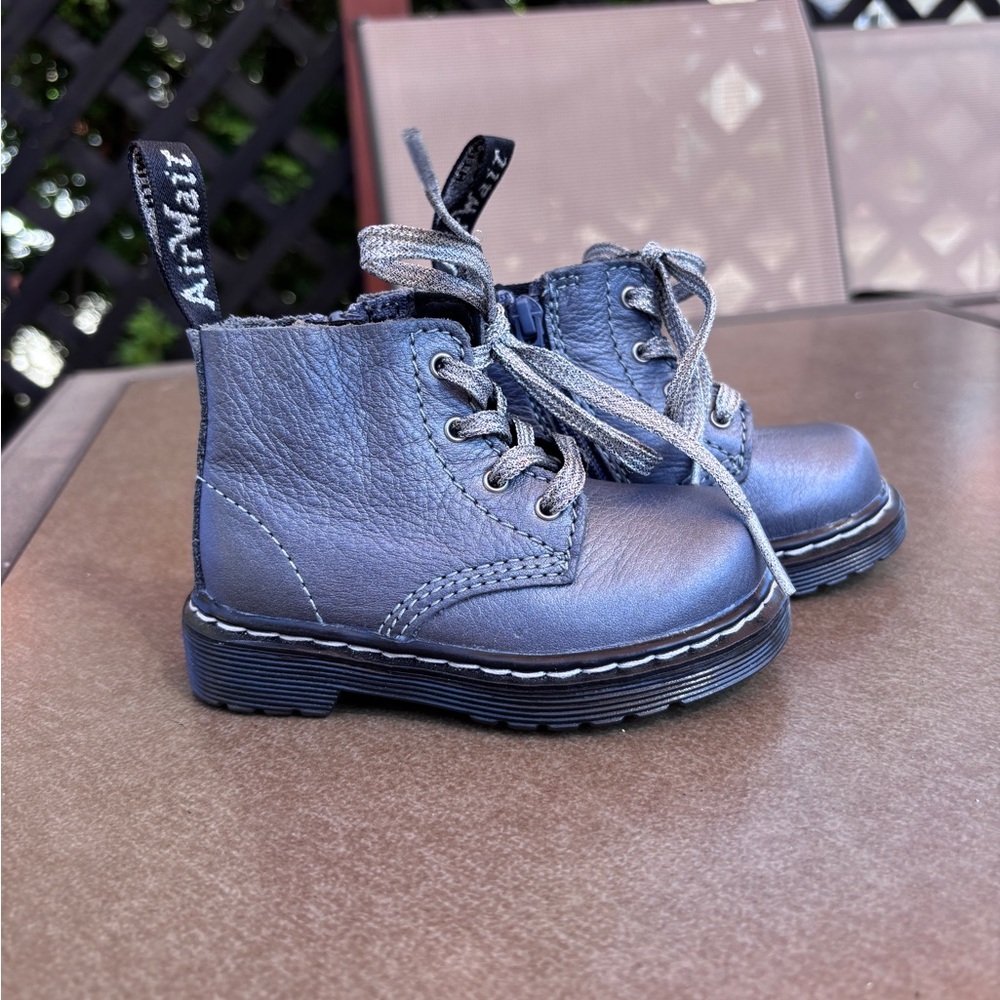 Dr Martens Kids Metallic Gray Lace-Up Ankle Boots white stitching